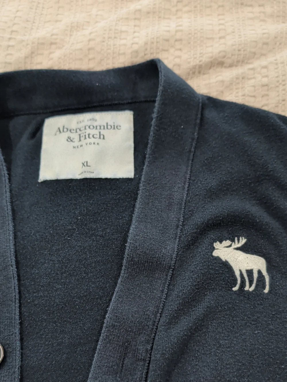 Abercrombie & Fitch Navy Button Cardigan with Contrast Moose
